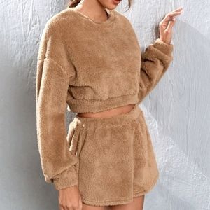 Teddy Crop Shoulder Pullover and Shorts